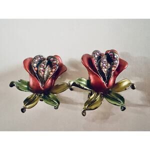 Vintage Mid-Century Enameled Rose Clip-On Earrings Aurora Borealis Rhinestones